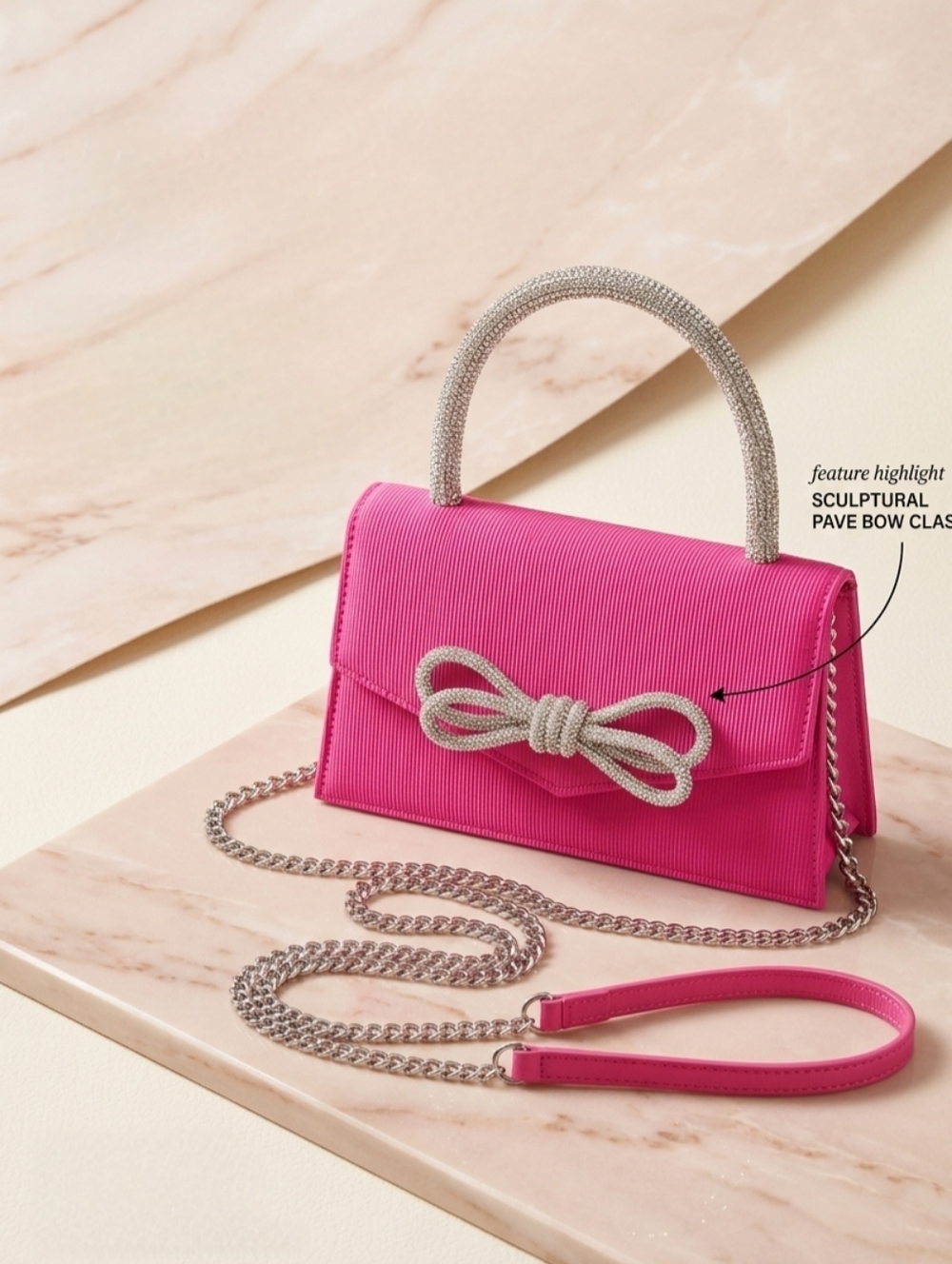 Cerise Pink Bow Clutch Women's Pave Ribbon Handle Handbag Crossbody